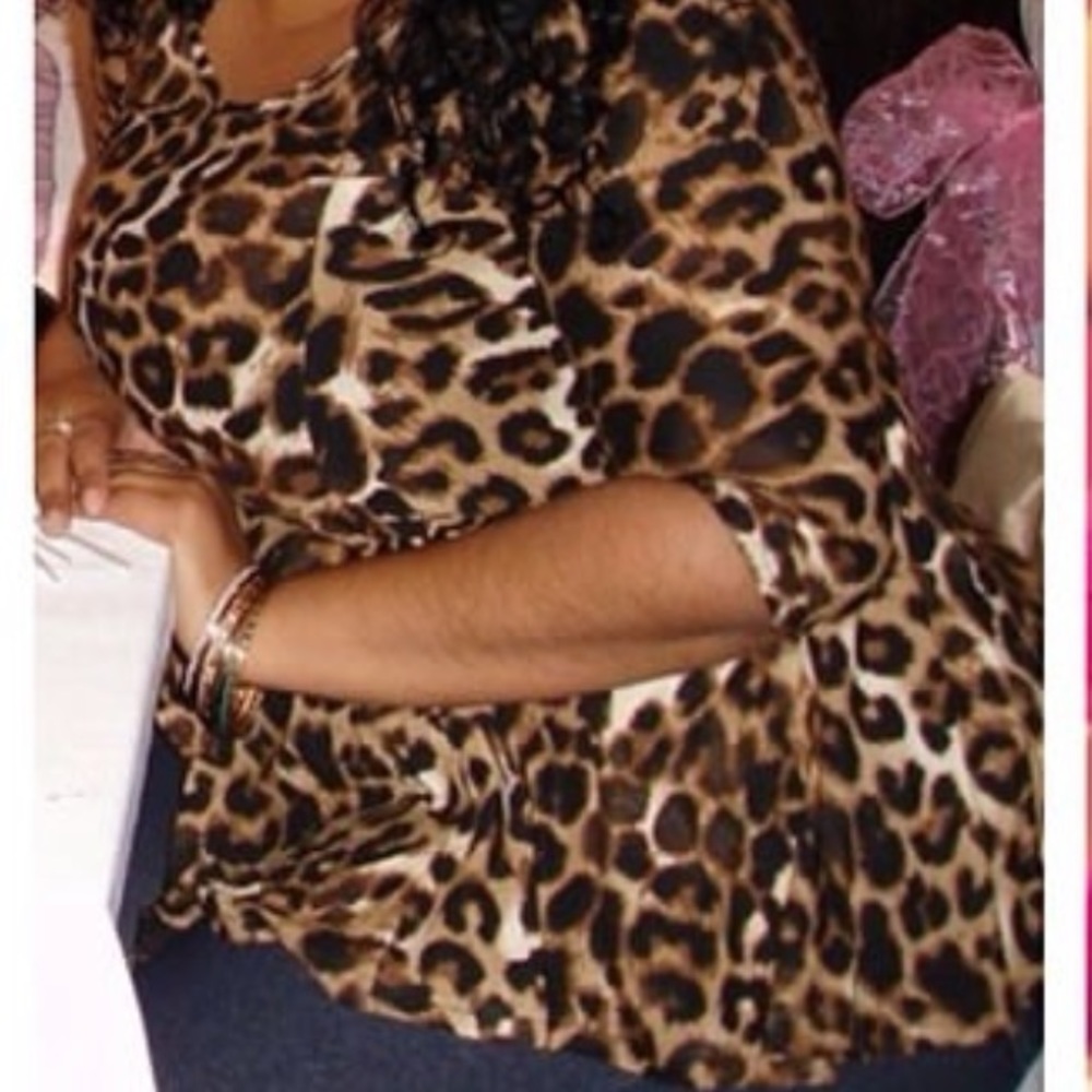 Leopard Print Size L with Shoulder Pads 3/4 Sleeve Brown Black Cream